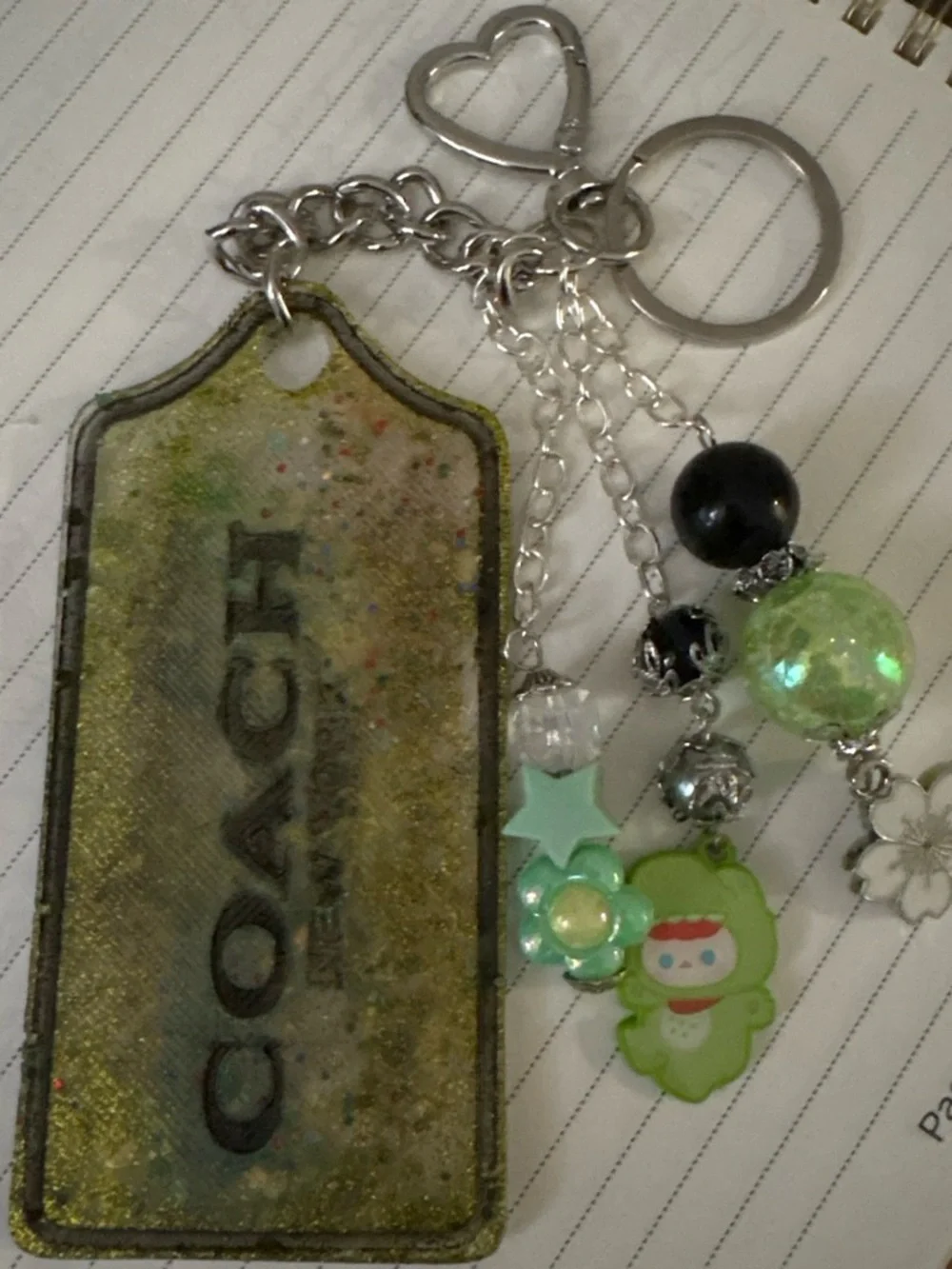 Coach Green Bead & Charm Keychain with Silver Accents